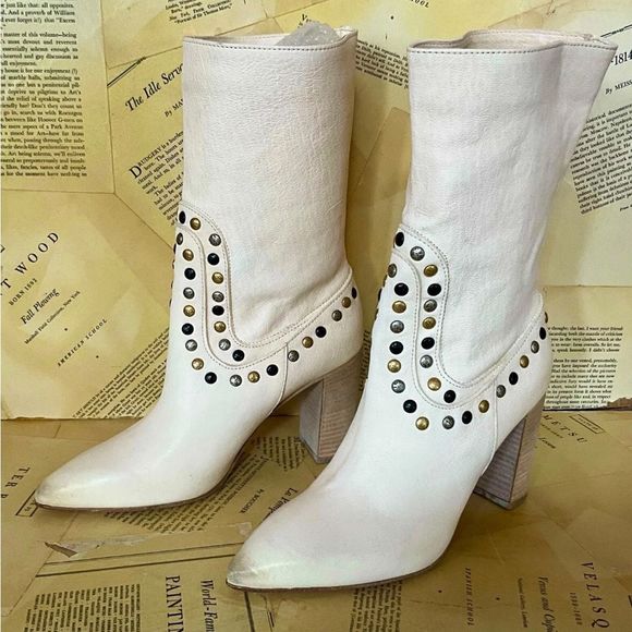 Free People Studded Dakota Heel Boot Leather Slouch Ivory Distressed Leather - Picture 5 of 9